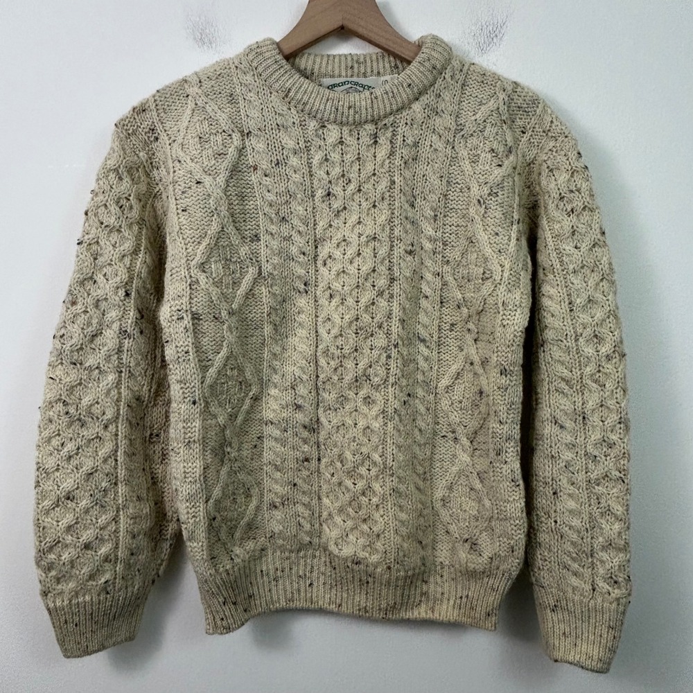 Aran Crafts‎ Womens Wool Fisherman Cable Knit Sweater Cream Speckled Size Small